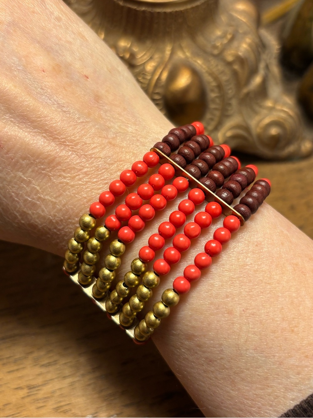 Beaded Multi-Row Stretch Bracelet in Pink, Brown & Gold